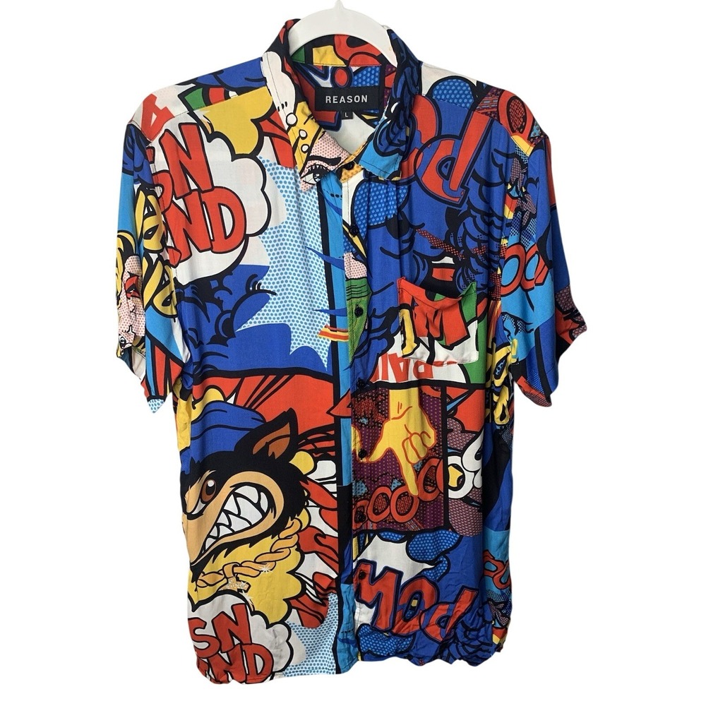 Mens L Reason Wolf Comic Strip Money Calls‎ Hawaiian Button Down Shirt unique